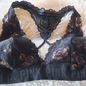 Victoria's Secret PINK Racerback Bralette Black with Floral Foil and Lace Cutout